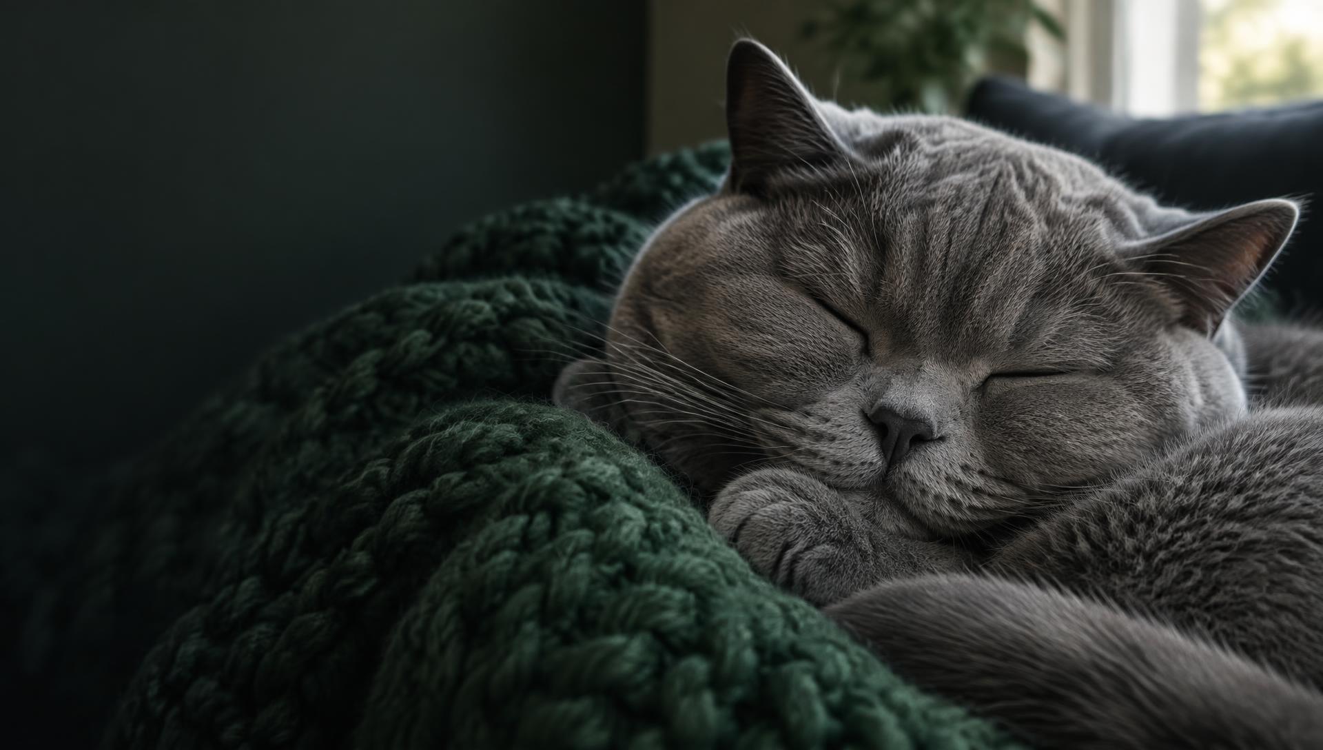 A contented cat sleeping on a green blanket